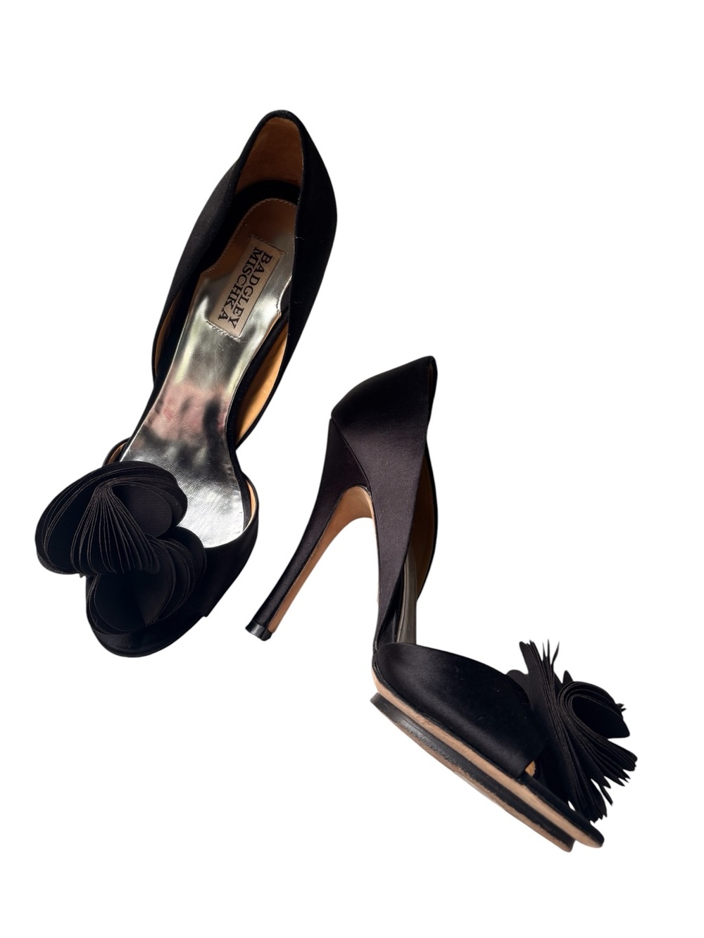 Badgley Mischka Black Satin Peep-Toe Pumps with Floral Rosette - 8.5